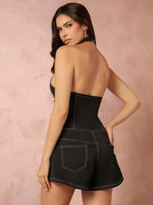 Hauture Mono de trabajo sin mangas con pierna ancha y cuello halter - Negro - Ver 2