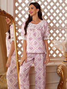 PalaceNights Women's Round Neck Random Printed Lace Decorated Pajama Set