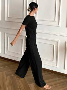 DAZY Casual Drawstring & Pleated Design Home Wear Set Pajama - Black - View 3