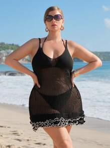 SHEIN Swim Curve Plus Size Summer Beach Hollow Lotus Leaf Hem Cami Cover-Up Dress - Black and White - View 6