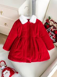 Young Girls' Simple Fluffy Collar Warm Padded Coat - Red - View 1