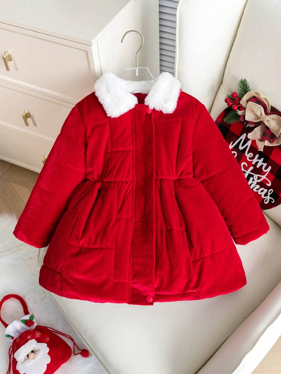 Young Girls' Simple Fluffy Collar Warm Padded Coat - Red - View 1