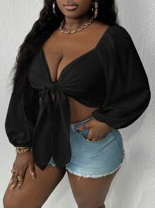 Slaydiva ملابس علوية قصيرة بامتداد خط أمامي وربطة أمامية متوسطة الحجم بلون سادة للمقاسات الكبيرة، الصيف - الأسود - مشاهدة 8