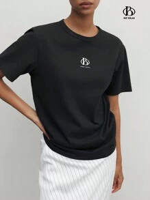 Blusa casual para oficina de mujer con cuello redondo, manga corta y estampado de letras, ropa de oficina de verano