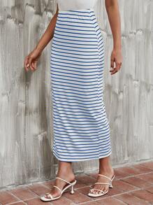 SHEIN Essnce Striped Printed Split Thigh Casual Skirt, Summer