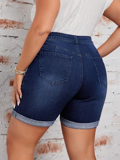 EMERY ROSE Pantalones cortos informales de mezclilla con bolsillos para mujer de talla grande con dobladillo enrollado