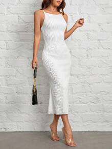 SHEIN PETITE Solid Fuzzy Cami White Textured Long Dress - White - View 9