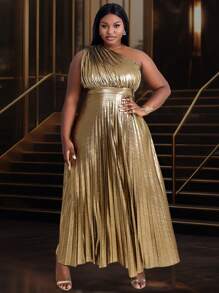 加大码斜肩褶皱性感金属华丽连衣裙，优雅正式晚会舞会婚礼宾客礼服，适合毕业典礼、晚宴春季服装节日派对 - 金色 - 查看 7