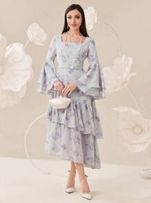 Modelyn 女士优雅花卉印花长袖连衣裙，方形领口，荷叶边下摆，短袖，夏季长款晚礼服 - 彩色 - 查看 1