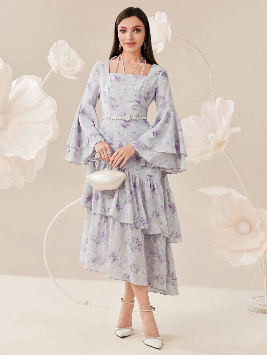 Modelyn 女士优雅花卉印花长袖连衣裙，方形领口，荷叶边下摆，短袖，夏季长款晚礼服 - 彩色 - 查看 1