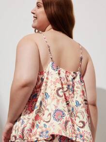 LUVLETTE Women Plus Floral Pattern Satin Cami And Short Pajama Set Lounge Set Lingerie - Coral Orange - View 4