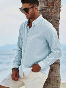 Men Solid Color Long Sleeve Casual Business Shirt, Summer, Fall - Baby Blue - View 4