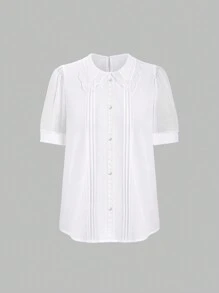 SHEIN LUNE Women's Solid Color Simple Daily Wear Peter Pan Collar Shirt,Short Sleeve Tops