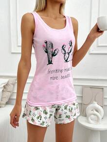 RueChic Set pigiama con grafica slogan & cactus con Copriocchi - Rosa - Visualizzare 4