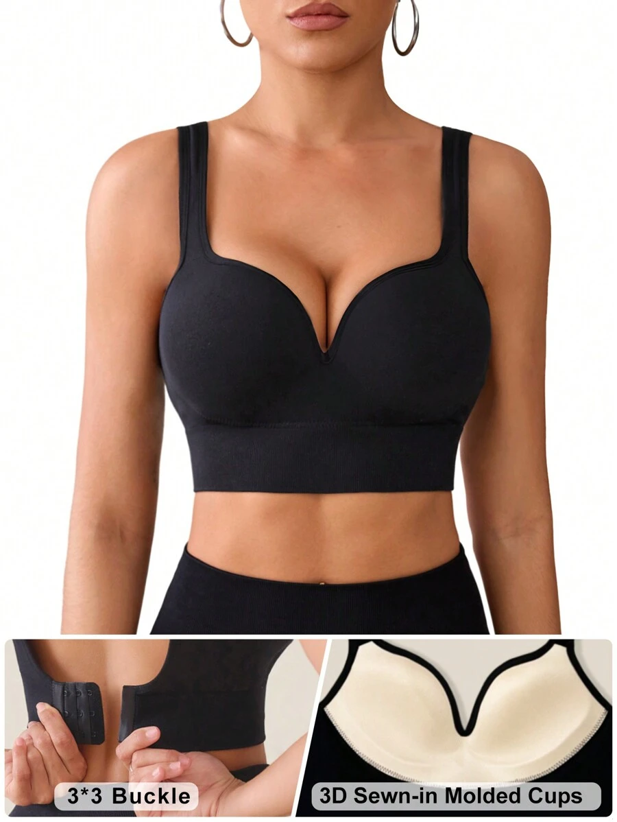 Slayform 无缝高强度运动胸罩，无可拆卸垫，带缝制垫的运动胸罩，高强度支撑，带不可拆卸垫模制罩杯，适用于女士高支撑工字背心、健身、瑜伽、跑步 - 黑色 - 查看 1