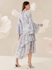 Modelyn 女士优雅花卉印花长袖连衣裙，方形领口，荷叶边下摆，短袖，夏季长款晚礼服 - 彩色 - 查看 2