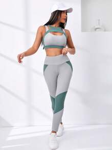 Easithlete 2pcs Softness Fitness Yoga Suit Gym Set Two Tone Cut Out Top Wide Waistband Leggings - Multicolor - View 5
