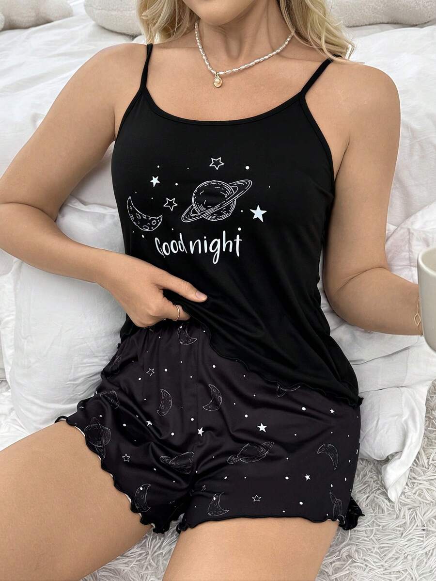 SHEIN Casual Underwear&Sleepwear 行星印花夏季便服款背心短褲睡衣組合 - 黑色 - 查看 1