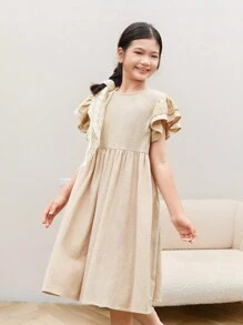 SHEIN Leap Crew Tween Girl 休閒圓領純色中長款連身裙，飾有蕾絲和短袖口 - 卡其色 - 查看 4