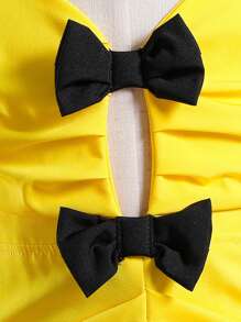 SHEIN 寶寶女孩優雅宮廷風蝴蝶結吊帶裙，適合春夏派對。 - 黃色 - 查看 3