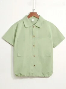 Camisa Casual de Manga Curta com Bolsos Grandes e Acabamento Ajustado para Meninos Adolescentes