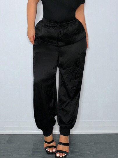 SHEIN SXY Spring And Summer Satin Drawstring Waist Black Casual Plus Women's Trousers