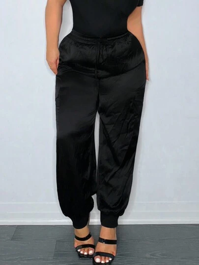 SHEIN SXY Spring And Summer Satin Drawstring Waist Black Casual Plus Women's Trousers