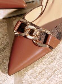 CUCCOO TILAWA Ladies' Vintage Floral Patchwork Design Pointed Toe Back Strap Kitten Heel Sandals With Chain Decoration, Comfortable For Daily Wear & Outdoor Family Gatherings In Spring/Summer, Brown Spring Shoes Spring Break Easter Prom Heels