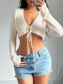 SHEIN Unity Spring/Summer Casual Solid Color Belted Cropped Cardigan,Long Sleeve Tops Fall Winter Cloth For Women - Apricot - View 3