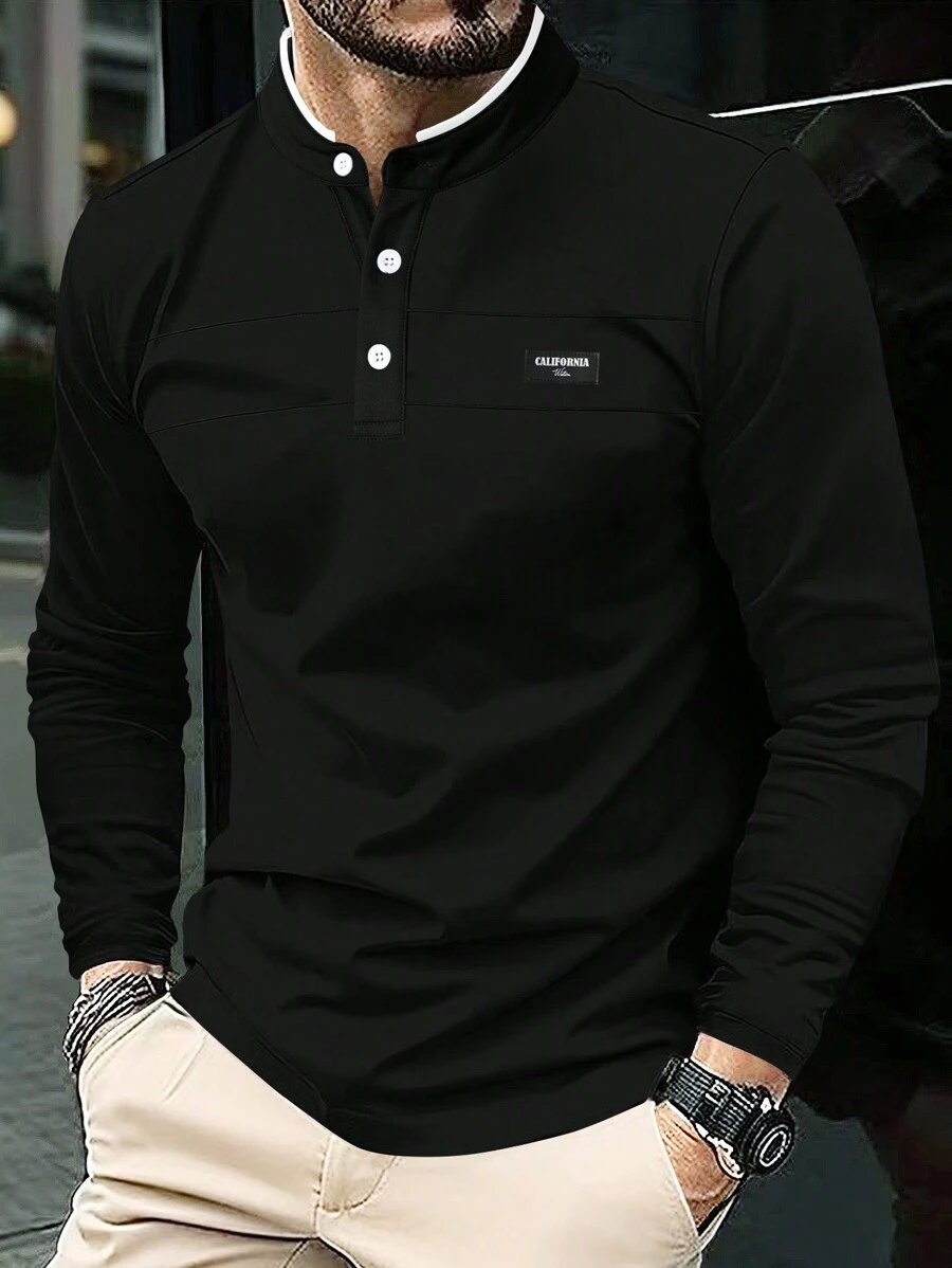 Manfinity Homme 男士夏季長袖休閒通勤網眼刺繡polo衫 - 黑色 - 查看 1