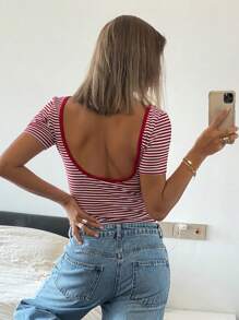 Livesso Women's Striped Square Neck Short Sleeve Slim Fit T-Shirt With Large Open Back, Summer,Halter Top