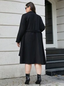 RueChic Abrigo de mujer con cuello abierto de solapa de algodón talla grande - Negro - Ver 2