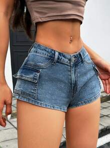 SHEIN ICON Flap Pocket Denim Shorts - Blue - View 6