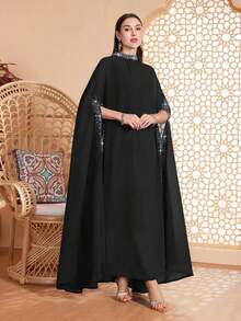 Women's Solid Color Stand Collar, Cuff & Neckline Embellished With Beading, Rhinestones, Asymmetrical Hem Long 2 Pieces Arabic Abaya, Suitable For Various Occasions Like Festivals, Gatherings, Daily Wear, Soft & Comfortable - Black - View 4