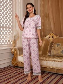 PalaceNights Women's Round Neck Random Printed Lace Decorated Pajama Set