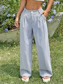 SHEIN EZwear Pantalones rectos con estampado de rayas y cremallera, para conjuntos de verano
