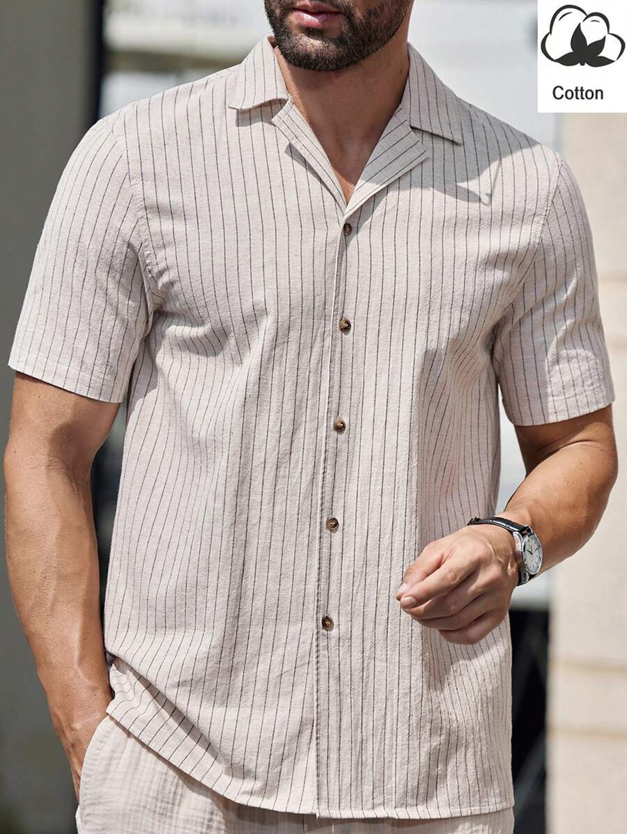 GENTILAND Men's Regular Fit Woven Striped Short Sleeve Shirt With Mandarin Collar, Suitable For Daily Wear In Spring And Summer - Multicolor - View 1