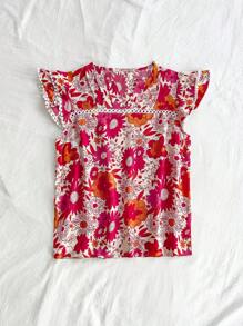 Soleia Blusa de manga corta con estampado floral para vacaciones de verano de mujer con cuello en V entallado y mangas con solapa