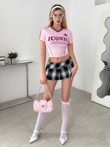 SHEIN ICON Top corto de manga corta con cuello en V para mujer, camiseta deportiva con estampado de letras - Rosa - Ver 6