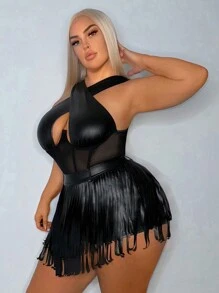 SHEIN SXY Cộng với Kích thước Bộ đồ liền thân lưới tương phản chéo trơn - màu đen - Xem 4