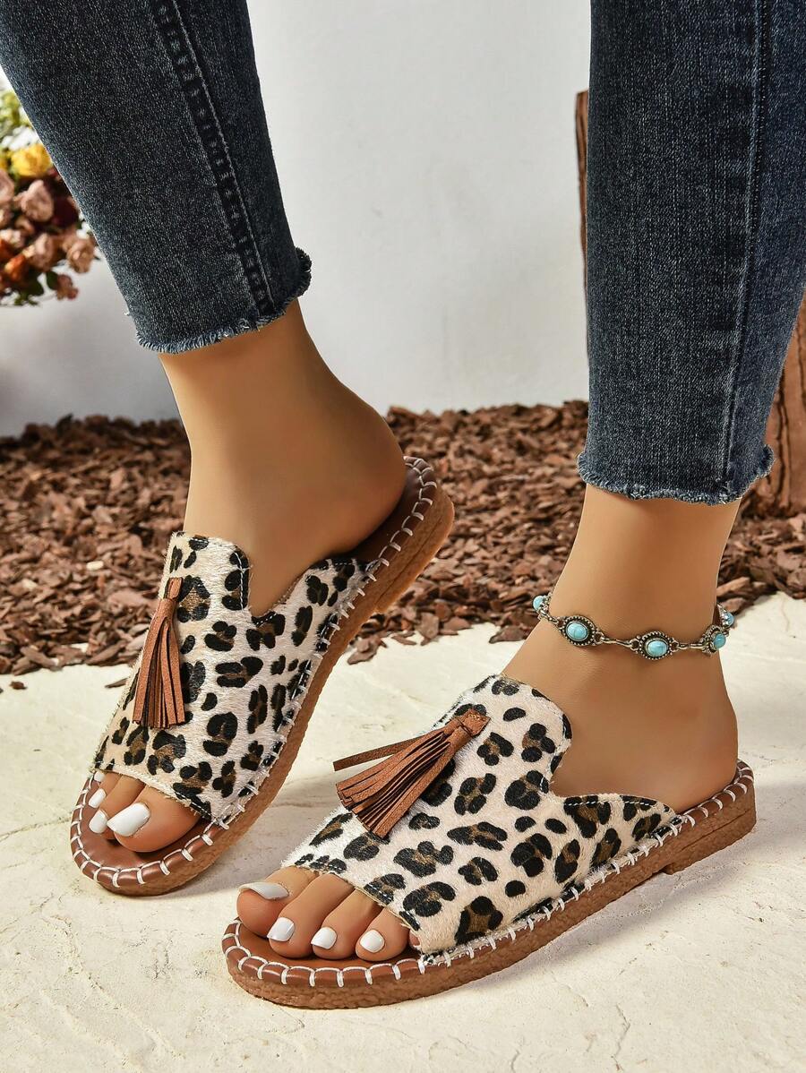 Sandalias planas con flecos para mujer, chanclas impermeables para playa, calzado antideslizante casual y a la moda para exteriores - Blanco y Negro - Ver 1
