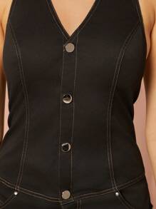 Hauture Mono de trabajo sin mangas con pierna ancha y cuello halter - Negro - Ver 3