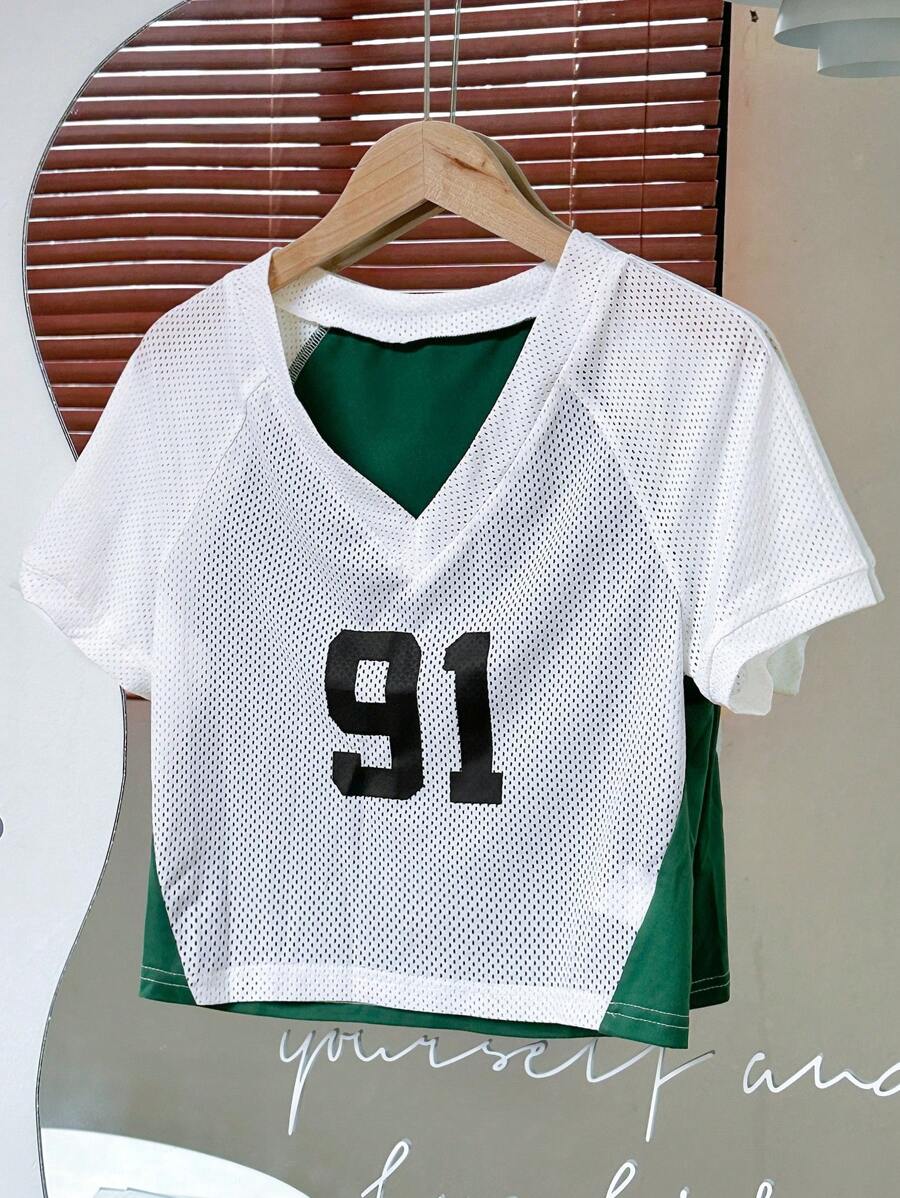 SHEIN Unity 網眼運動和休閒V領凝膠印花T恤 - 白色 - 查看 1