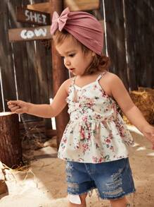 SHEIN 2入組嬰兒女孩優雅蝴蝶與花卉設計米色坦克背心和牛仔褲套裝，適用於春夏季 - 彩色 - 查看 3