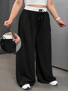 CovetEZ 大尺碼淺灰色拼接超寬鬆運動長褲