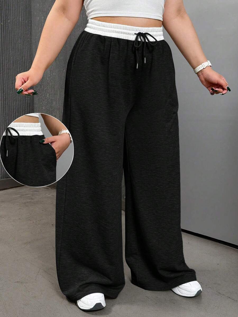 CovetEZ 大尺碼淺灰色拼接超寬鬆運動長褲