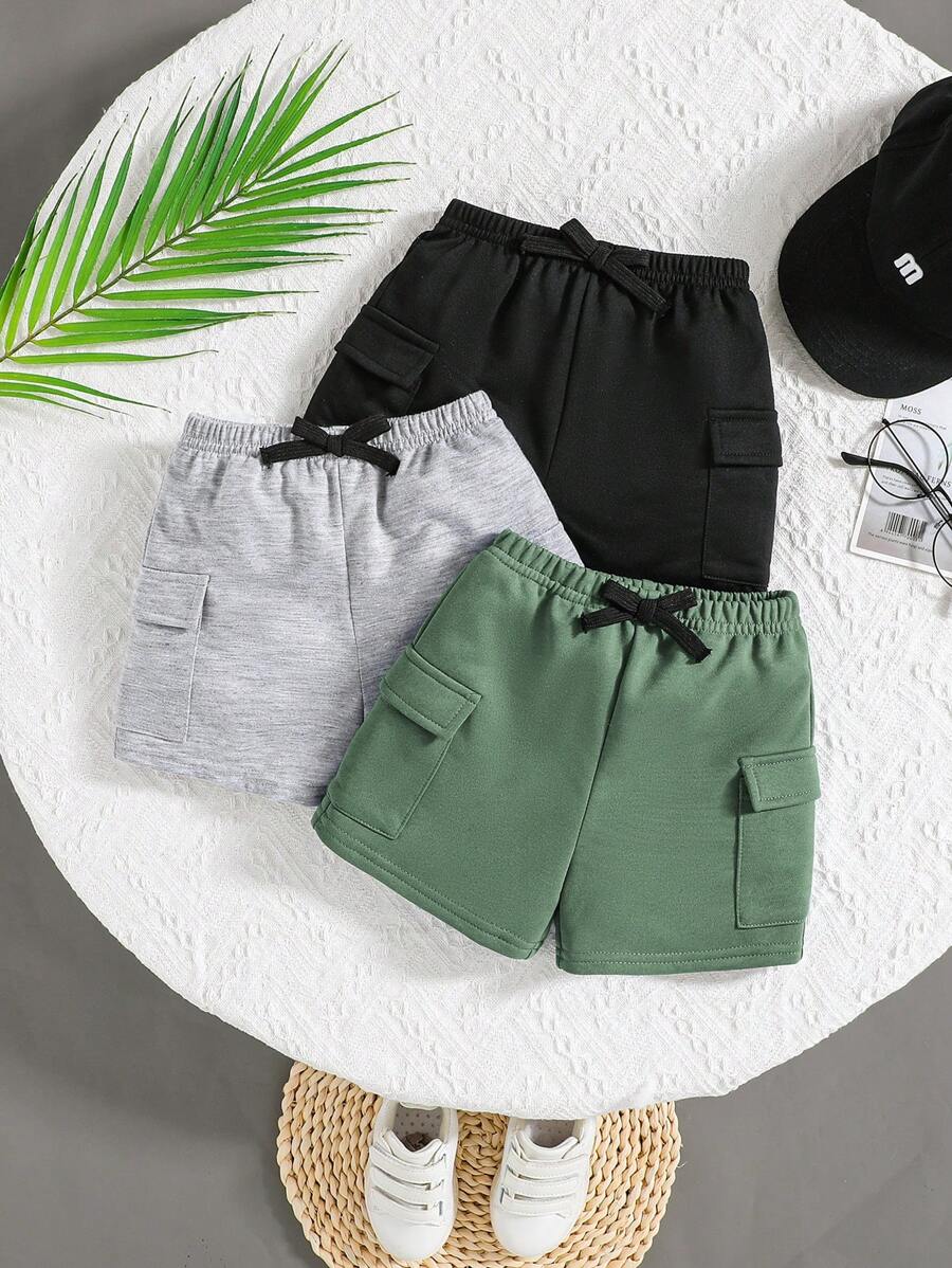 SHEIN 嬰兒男女三件套，簡約時尚拼接設計短褲，帶裝飾繩和彈性腰帶，適用於夏季