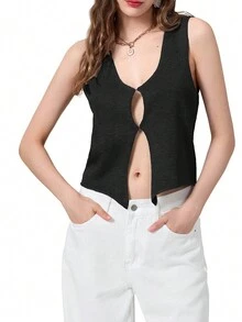 Chaleco de punto para mujer de verano con dobladillo acanalado, hueco y de unicolor - Negro - Ver 4