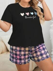 Plus Size Women's Summer Casual Multicolor Heart Print Short Sleeve T-Shirt And Plaid Shorts Pajamas Set - Black - View 4