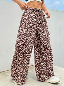 SHEIN EZwear White Drawstring Waist Striped Side Pocket Cargo Pants - Pink - View 6